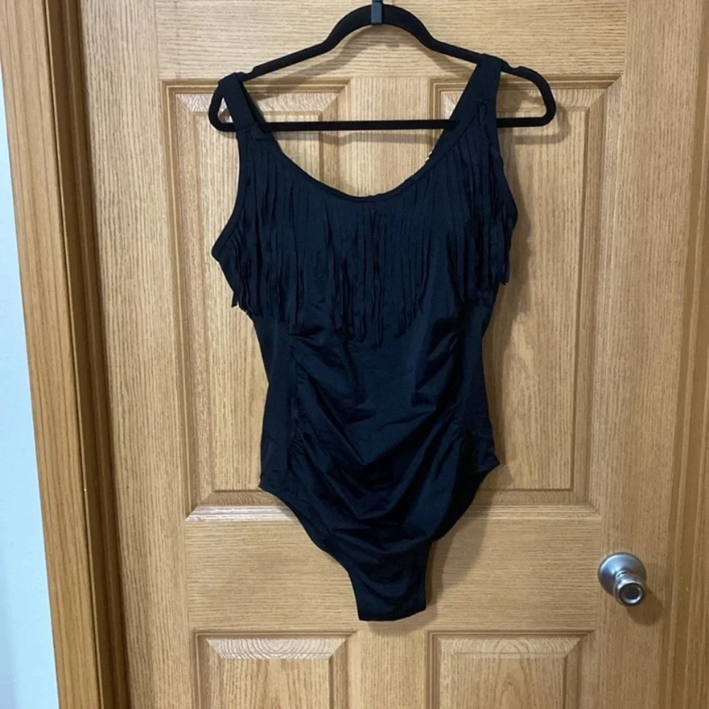 New Fringe Trim Ruched Black One Piece Swimsuits For All Plus Size 16_2